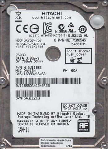 Hitachi 750gb harddrive unit