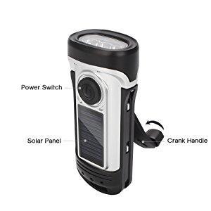 Hand crank solar powered flashlight